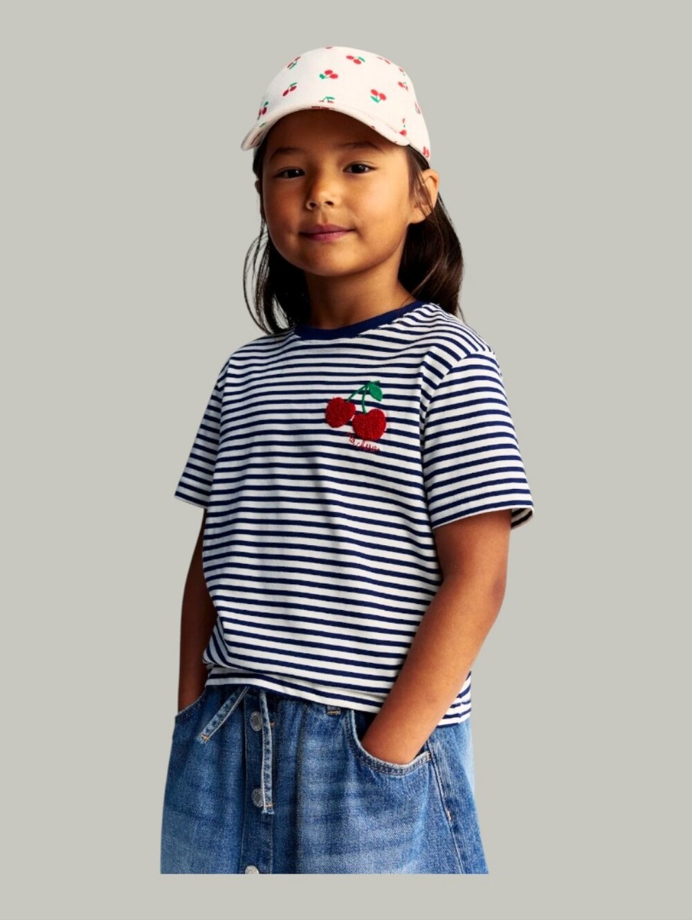 H&M Girl's Navy & White Stripe Cherry Embroidered T-shirt